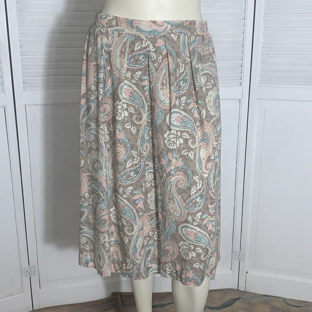 Vintage JANTZEN Boho Whimsical Pastel Floral Paisley Pleated Midi Skirt Size Lar